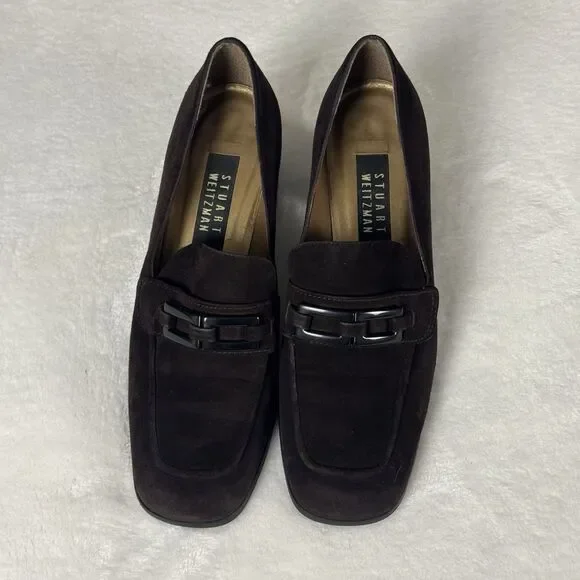 Stuart Weitzman Brown Suede Chain Link Pumps Block Heel Square Toe Womens Size 9 - Picture 4 of 12
